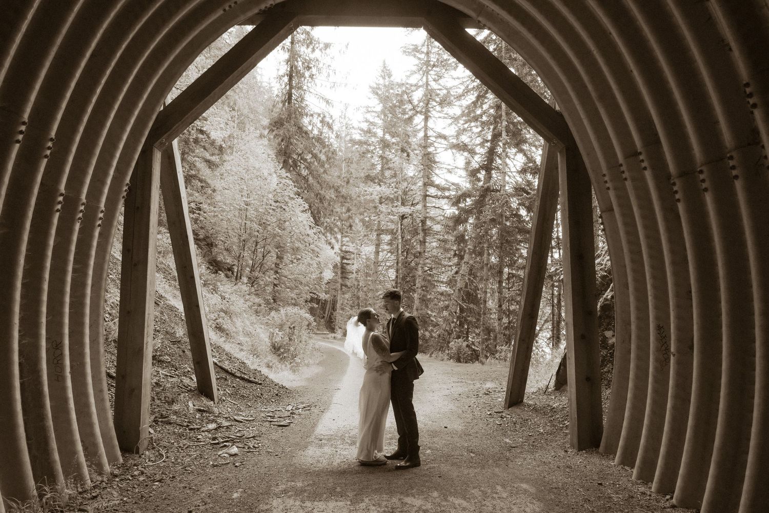 Bride and groom share a romantic moment under an arched tunnel in Olympic National Park, Captured by Savvy Photography