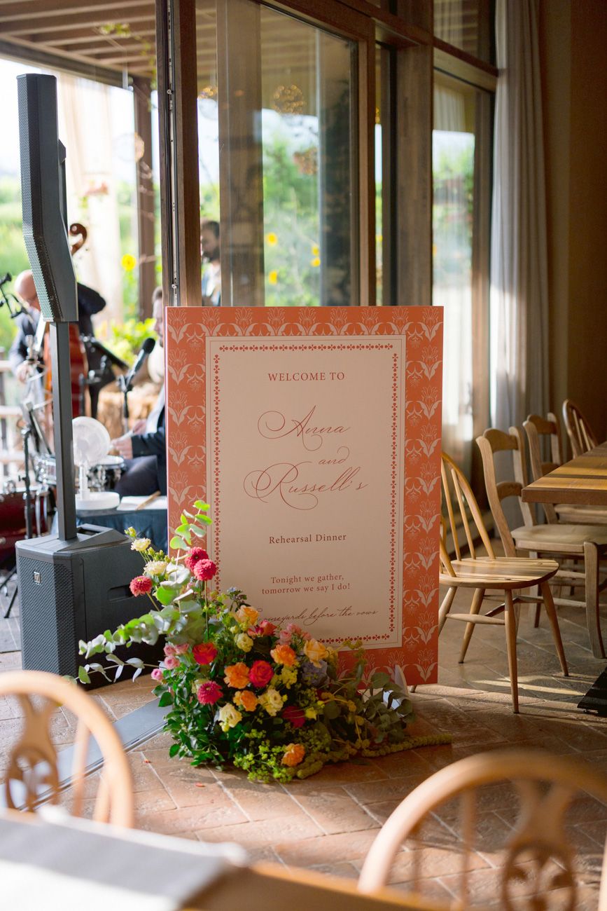 Welcome sign at the rehearsal dinner of an American couple who got married at Lake Garda