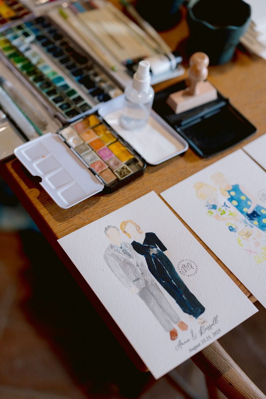 Illustrations of the guests attending a rehearsal dinner of an American couple who got married at lake Garda