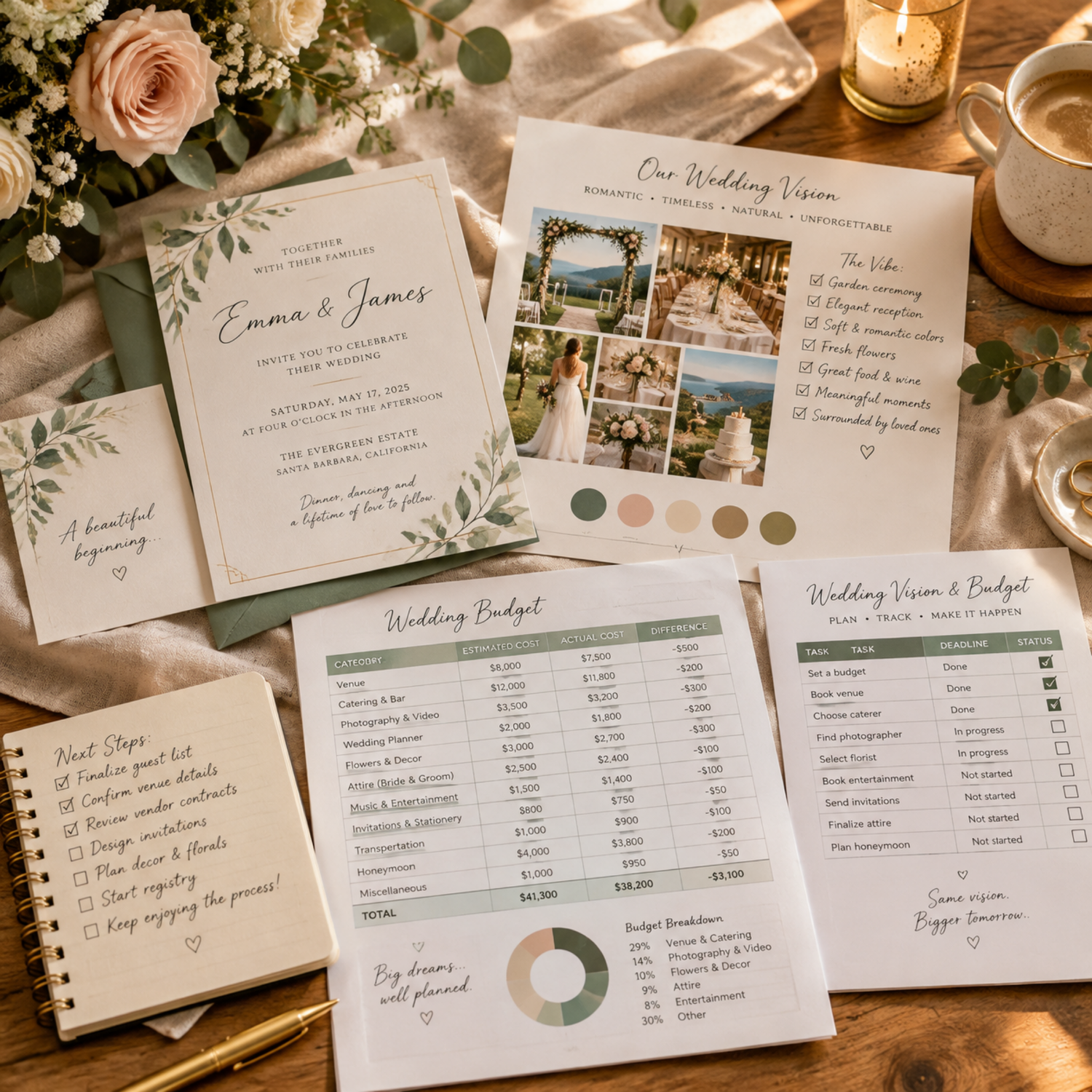 Wedding planning printables including a budget tracker, checklist and photo layout styled with greenery, flowers, a notebook and a candle.