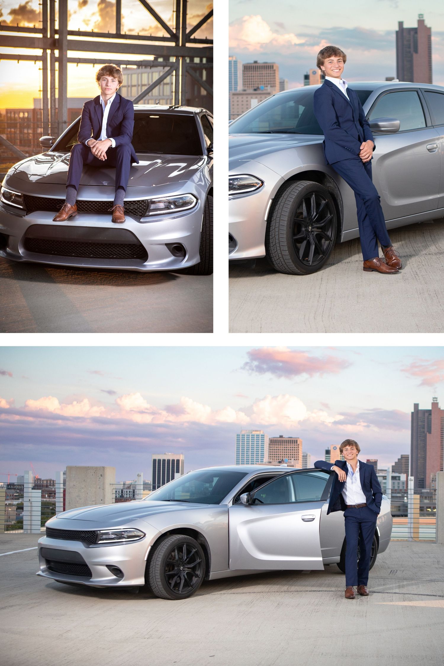 Arena District Columbus senior photos featuring an Olentangy senior with a car, rooftop views, and golden hour portraits.