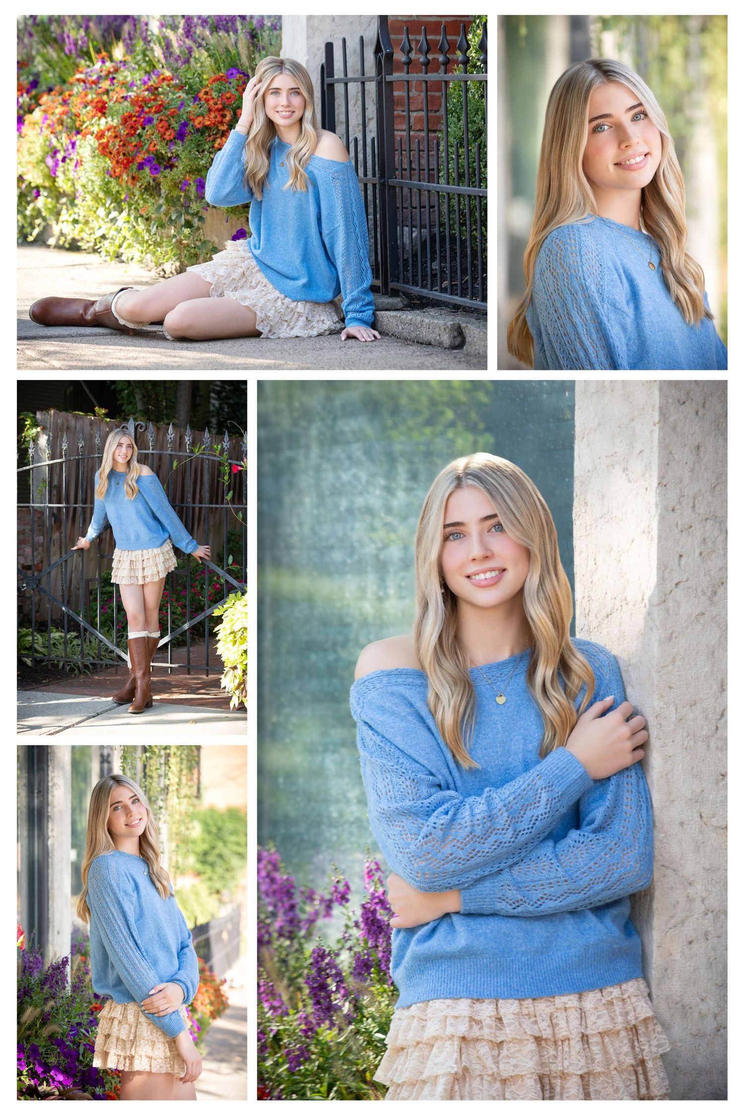 Worthington Kilbourne senior pictures in German Village with colorful flowers, timeless style, and Columbus Ohio senior photography.