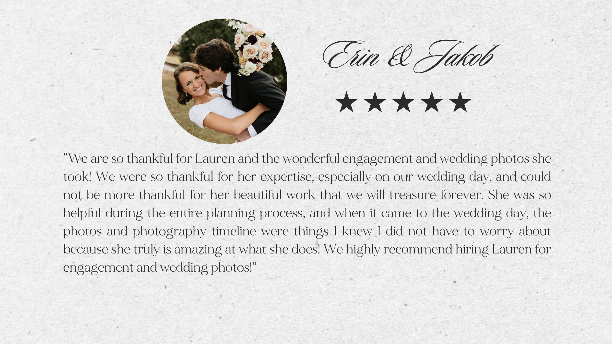 Erin and Jakob share a five-star wedding review praising photographer Lauren for her expertise and beautiful engagement photos.