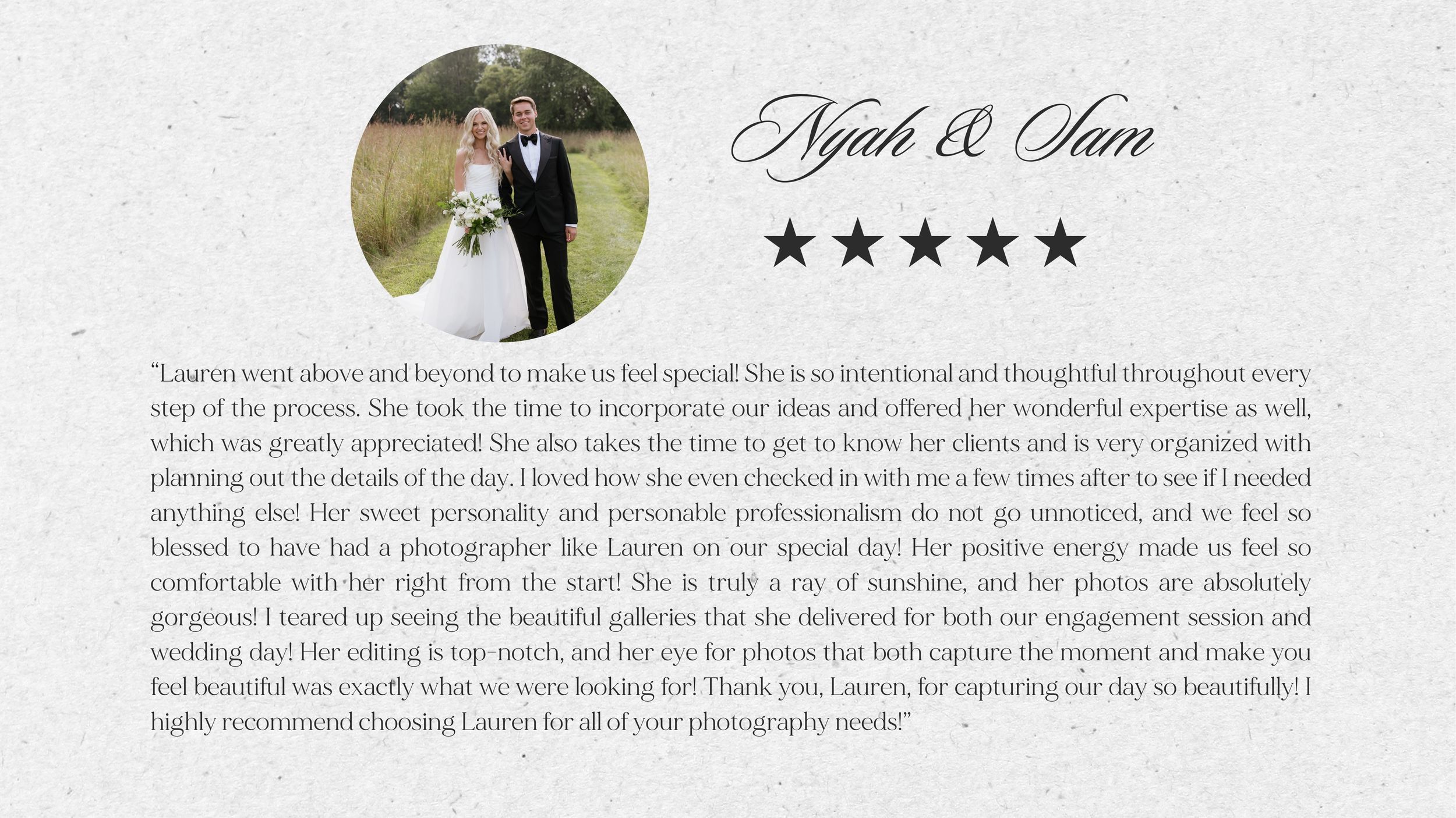 Five-star review for photographer Lauren featuring elegant script text overlay on a soft floral background.