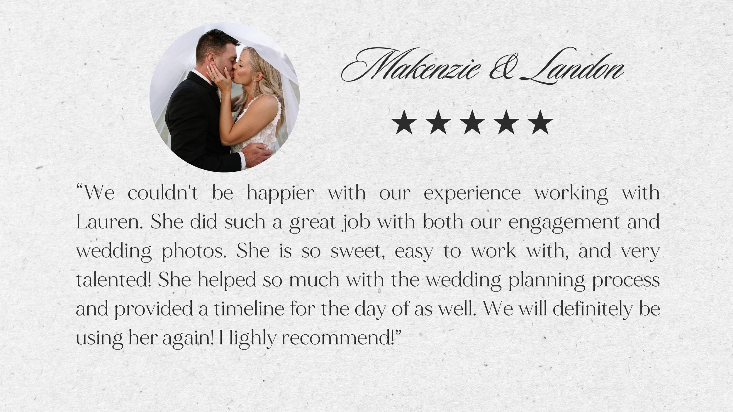 Couple wedding review slide with five stars for photographer Lauren, featuring bride and groom portrait on white background.