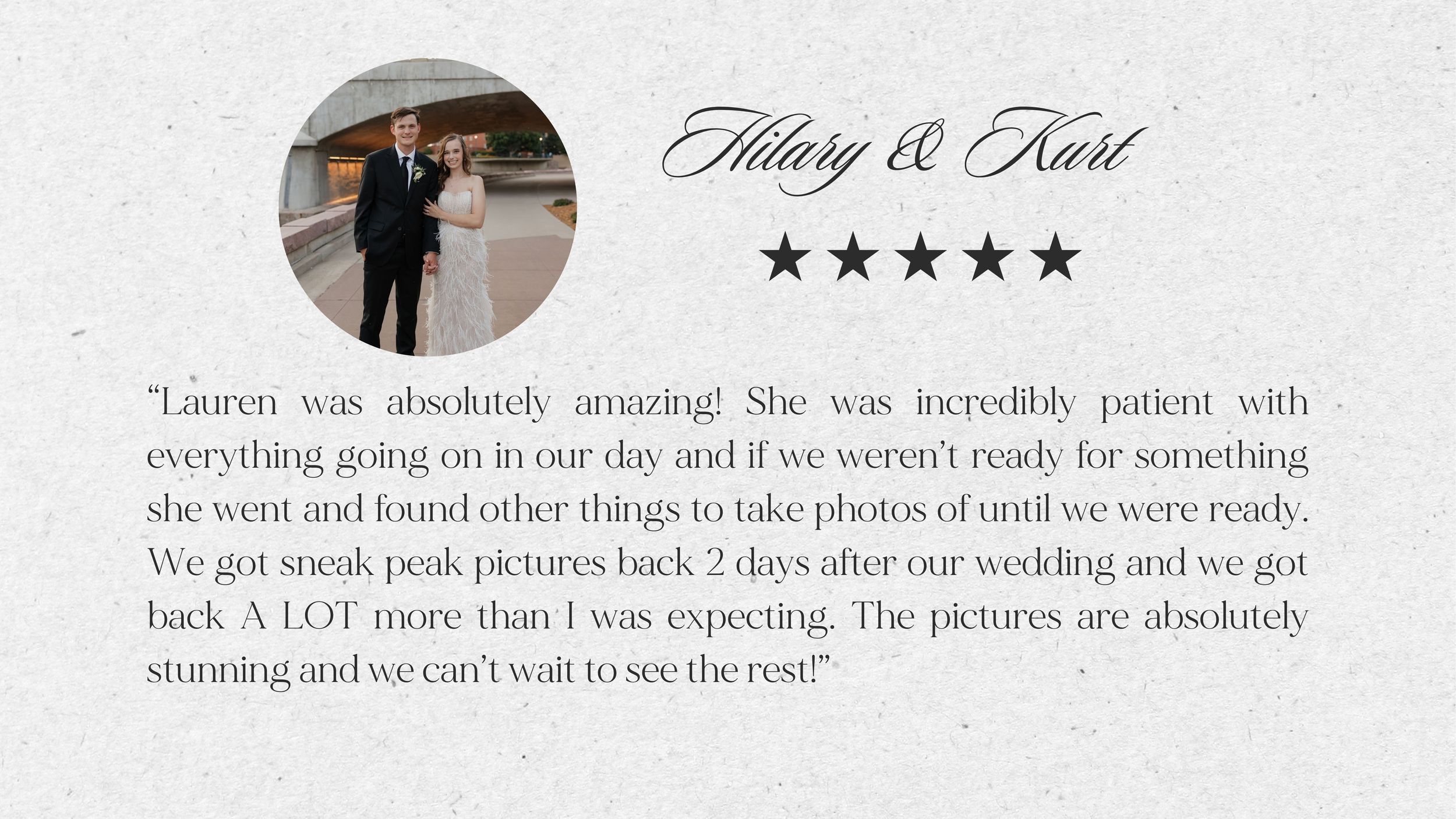 Five-star wedding review for Hilary and Kurt featuring a couple portrait and glowing photography testimonial.