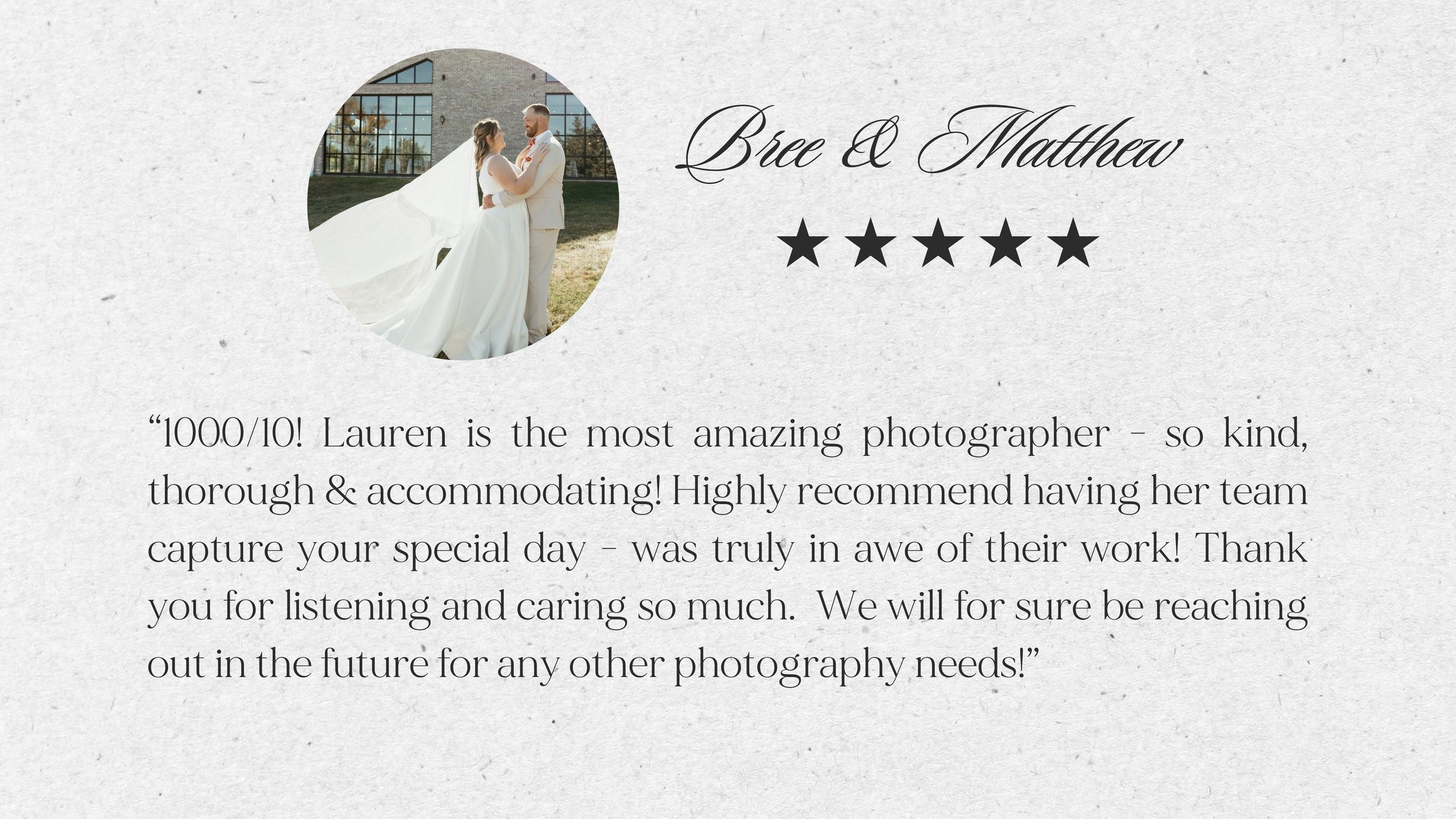 Wedding photographer review slide featuring Bree and Matthew with five stars and a glowing testimonial on elegant background.