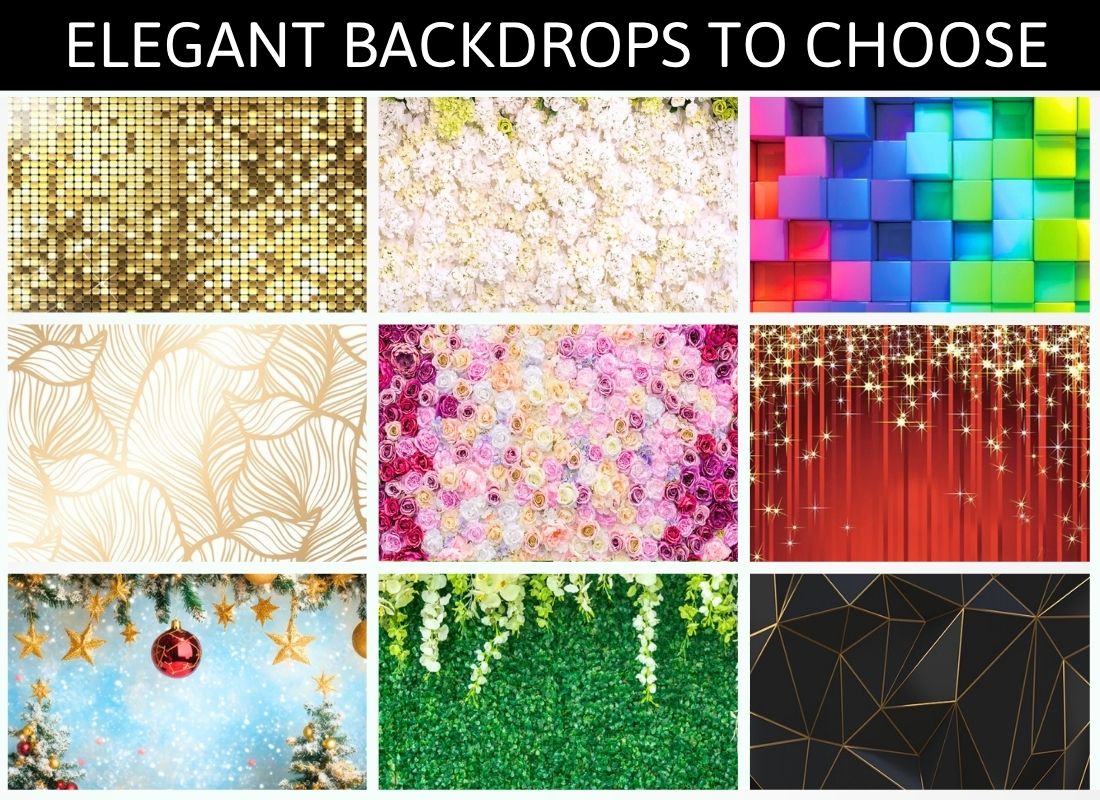 A collage of nine elegant photography backdrops including glitter, floral, colorful blocks, stars, and geometric designs.