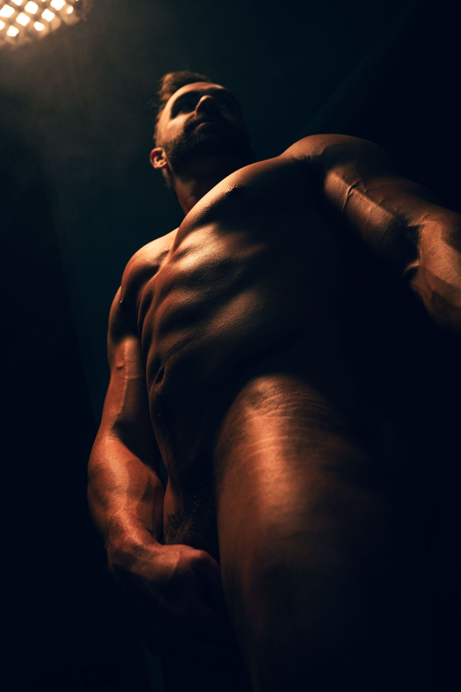 Muscular man posed dramatically under spotlight in dark studio, showcasing defined physique with artistic shadow lighting.