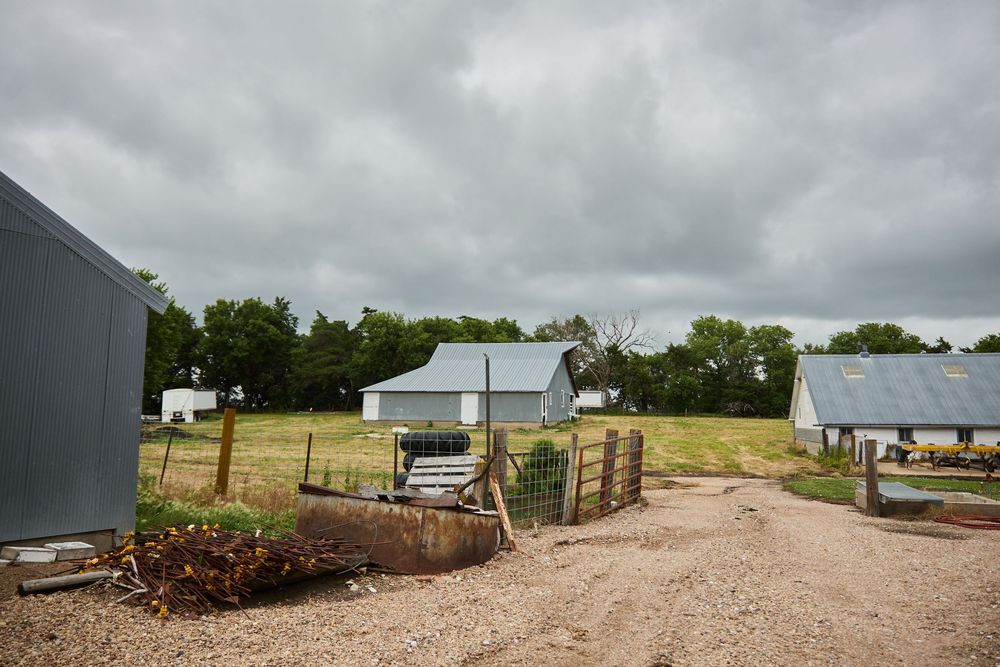 Rural farm property with metal barns, gravel driveway, wooden fence gate, and lush green trees under overcast skies.