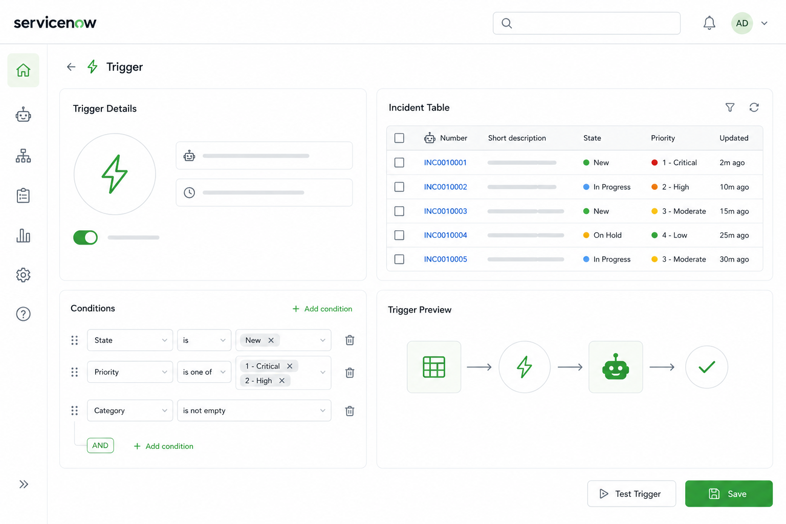 ServiceNow Trigger configuration interface showing incident table, conditions setup, and trigger preview workflow diagram.
