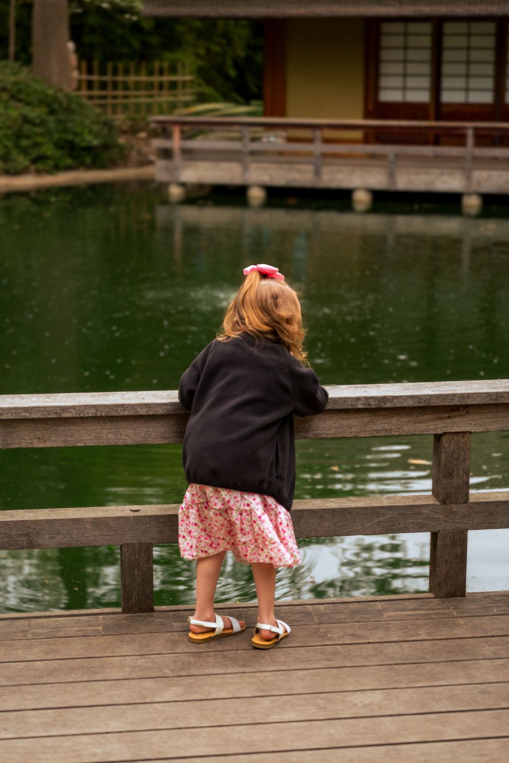 Young girl in floral skirt and black jacket standing on wooden dock, gazing at green pond near Japanese garden.