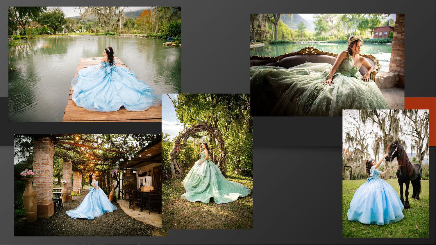 Collage of a woman in a light blue ball gown posing outdoors near a lake, garden, and with a horse.