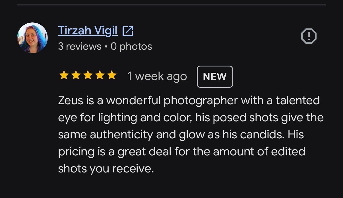 Five-star Google review praising Zeus as a talented photographer with great lighting, color, and pricing for edited shots.