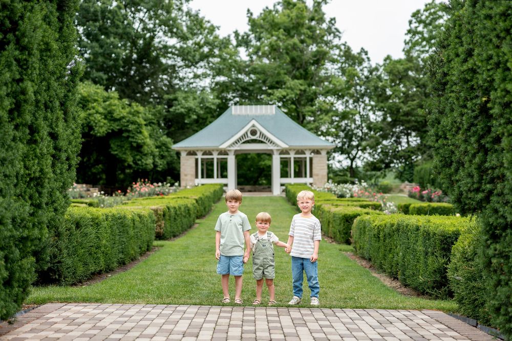 Three young boys stand together on a brick path between manicured hedges in a formal garden.