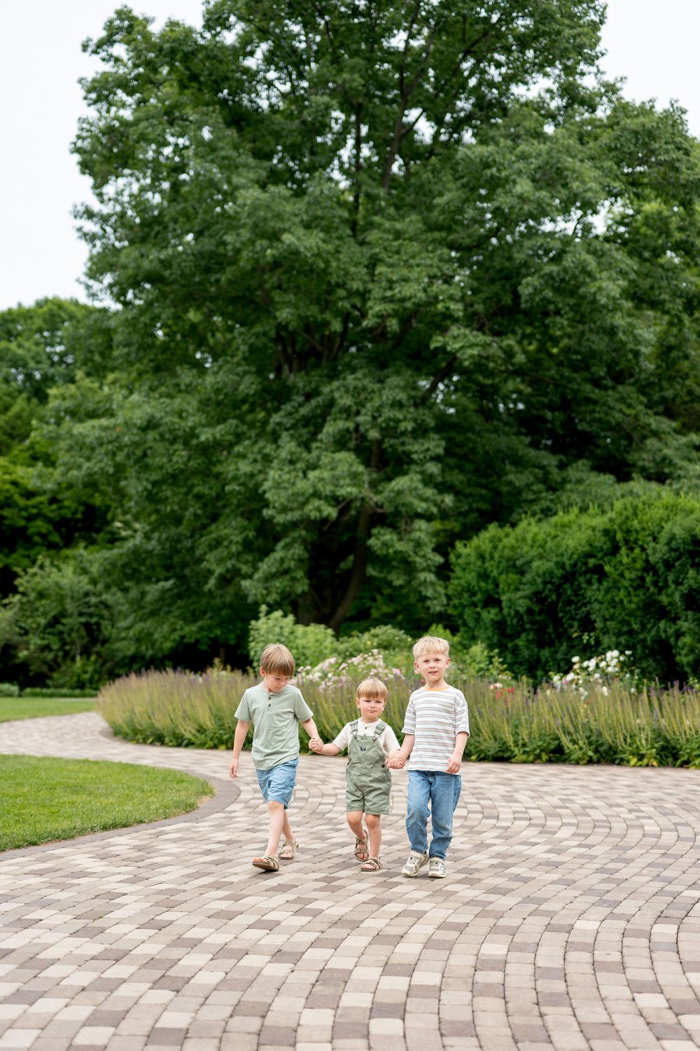 Three young boys walk hand-in-hand on a brick path through a lush green park.