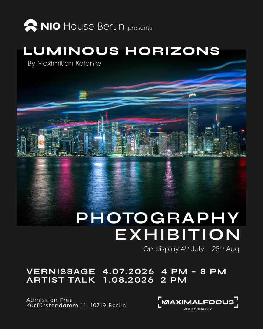 Luminous Horizons photography exhibition poster by Maximilian Katanke at NIO House Berlin, July 4 to August 28, 2026.