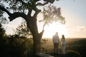 Couple holding hands silhouetted under a tree at sunset overlooking a lush green landscape.