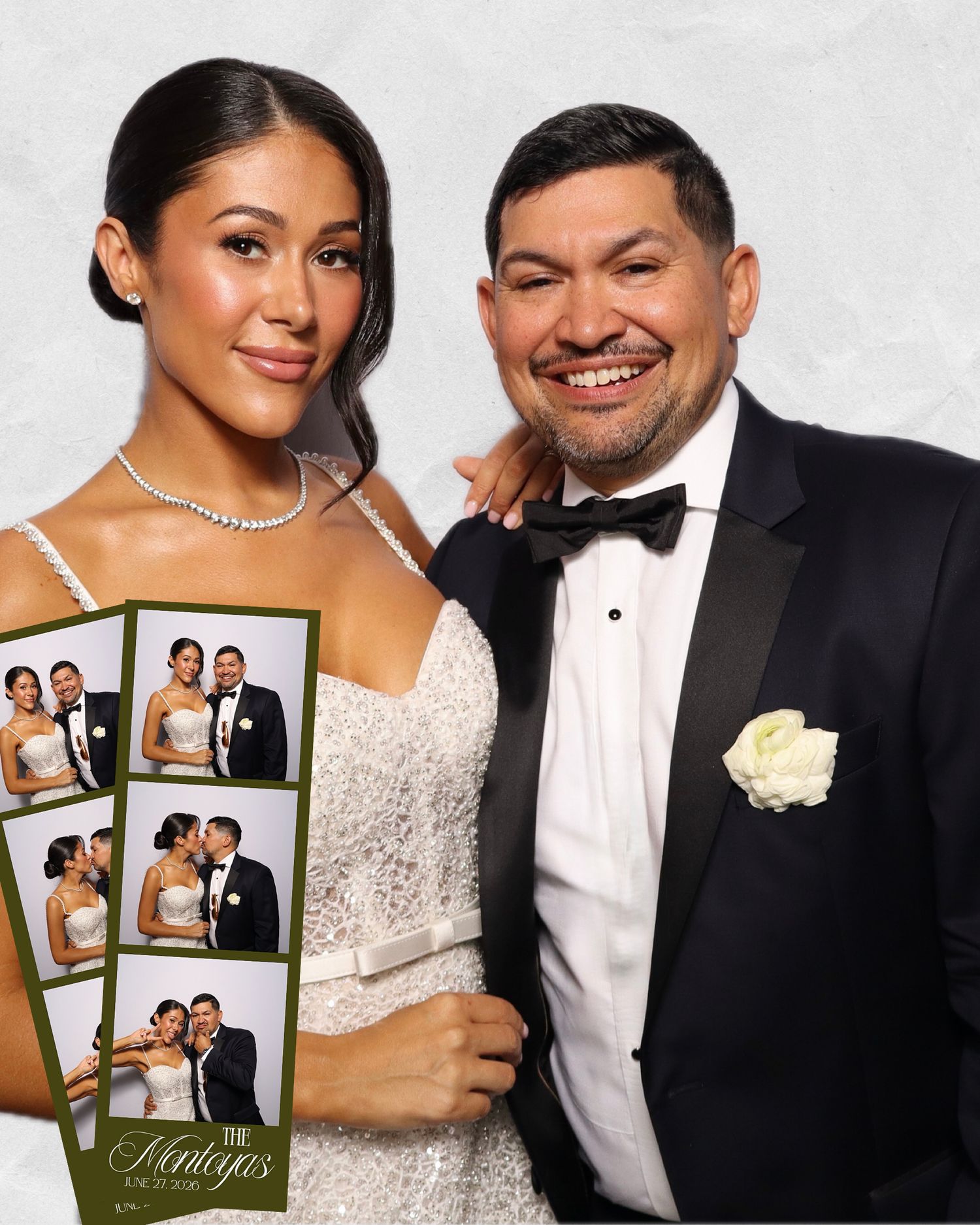 Bride holds Upgraded to Mrs sign at wedding photo booth with film strips, heart sunglasses, and The Montoyas June 27 2020 text.