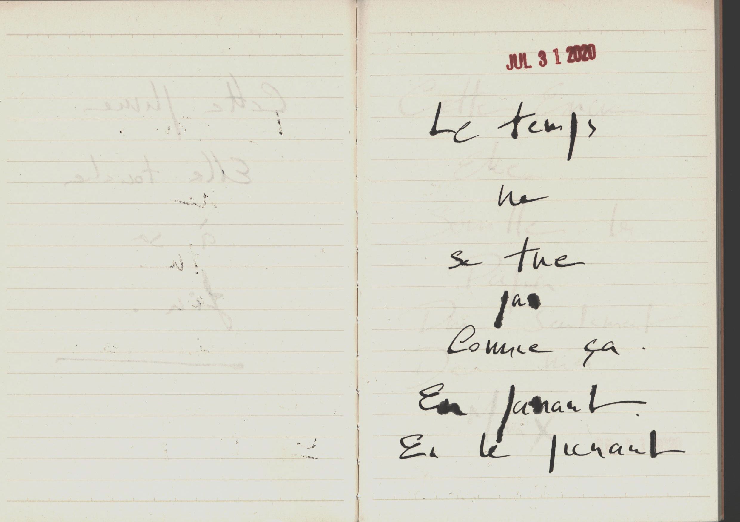 Open notebook with handwritten French text reading poetic phrases in black ink on white lined pages.