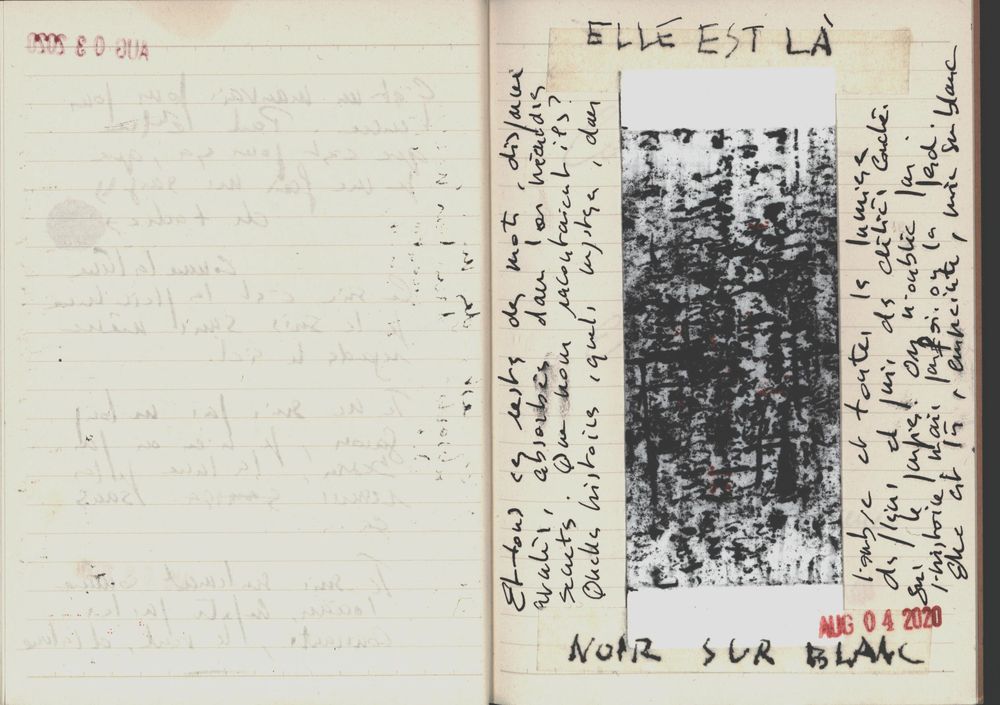 Open journal with handwritten French text, collage art reading ELLE EST LA and NOIR SUR BLANC with dark textured print.
