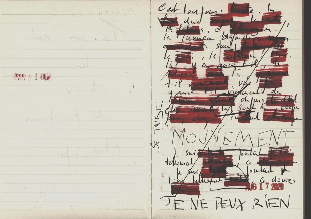 Handwritten French text with red ink blots on notebook paper, featuring the words MOUVEMENT and JE NE PEUX RIEN.