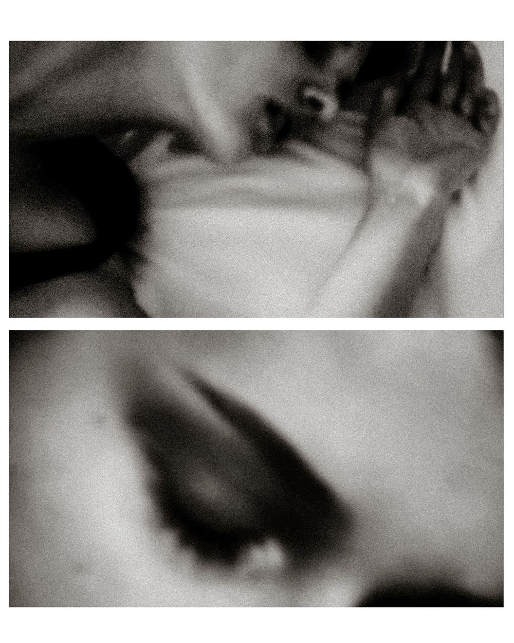 Black and white diptych photo showing a blurred figure lying down and a close-up of a dramatic eye with dark makeup.