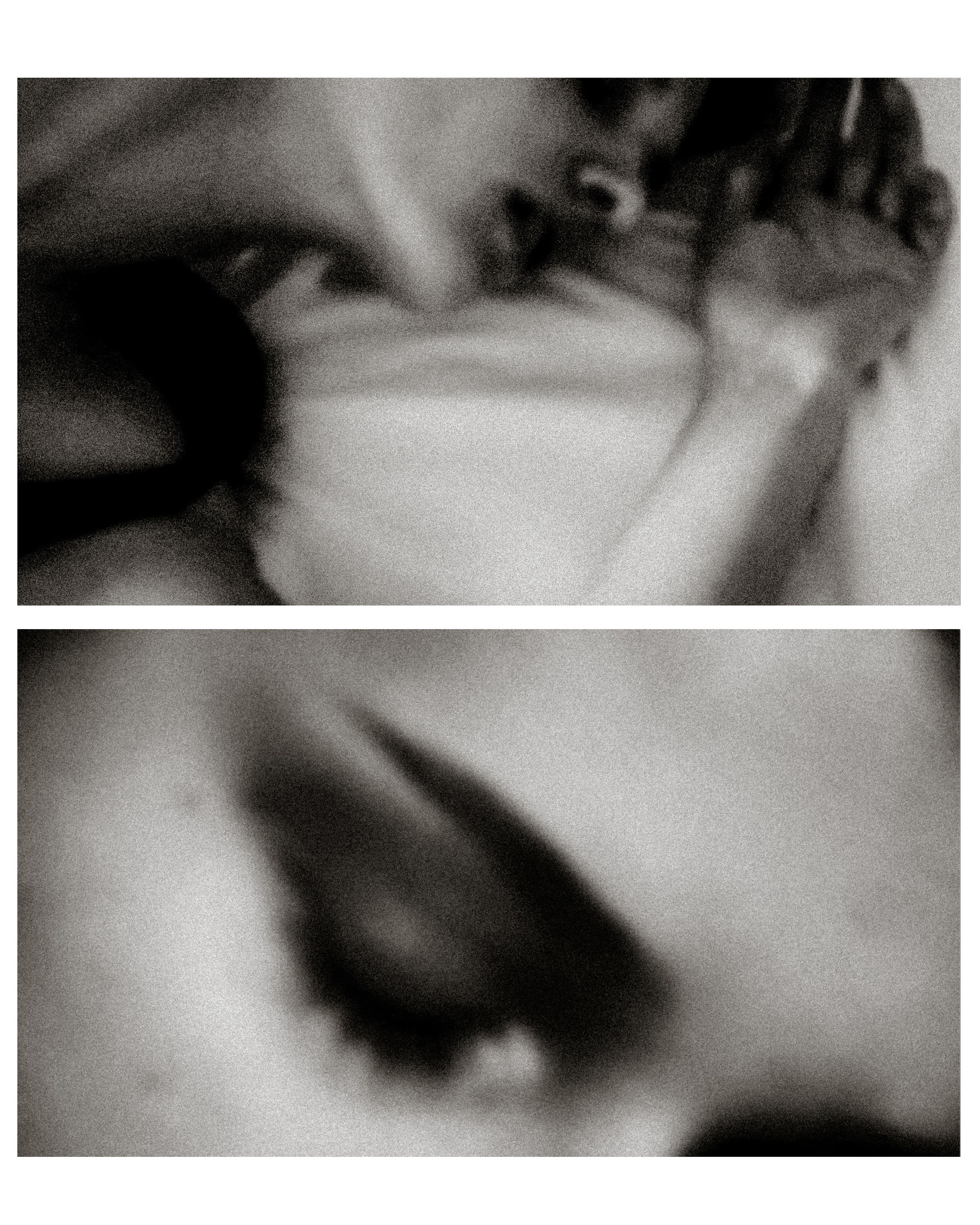 Black and white diptych photo showing a blurred figure lying down and a close-up of a dramatic eye with dark makeup.