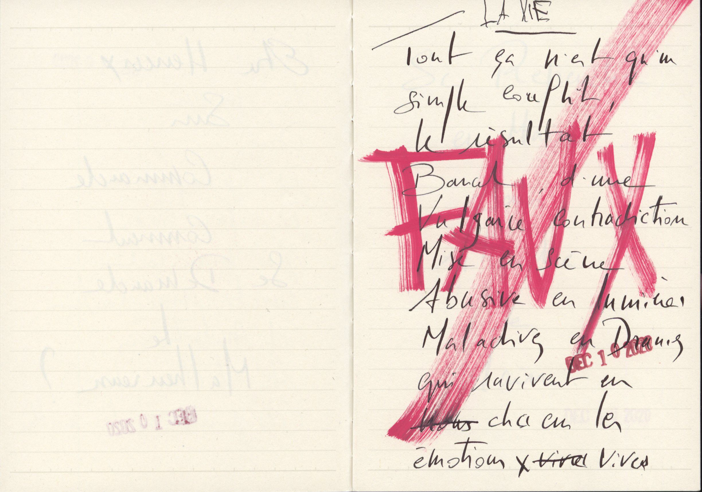Handwritten French letter with bold red brushstroke marks on lined paper, featuring cursive script and artistic calligraphy.