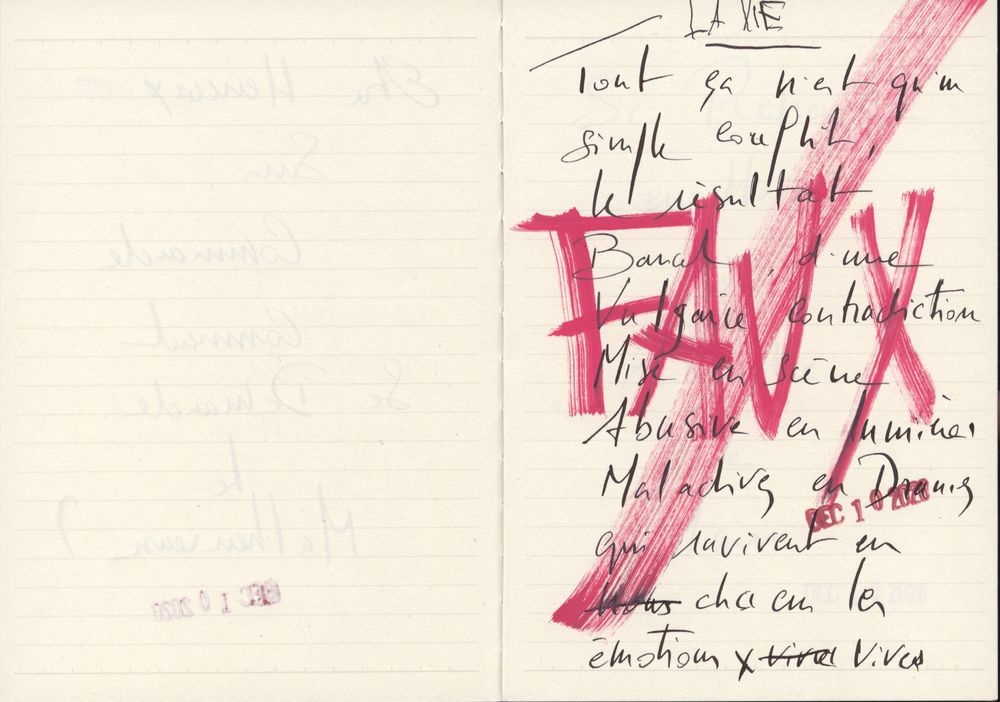 Handwritten French letter with bold red brushstroke marks on lined paper, featuring cursive script and artistic calligraphy.
