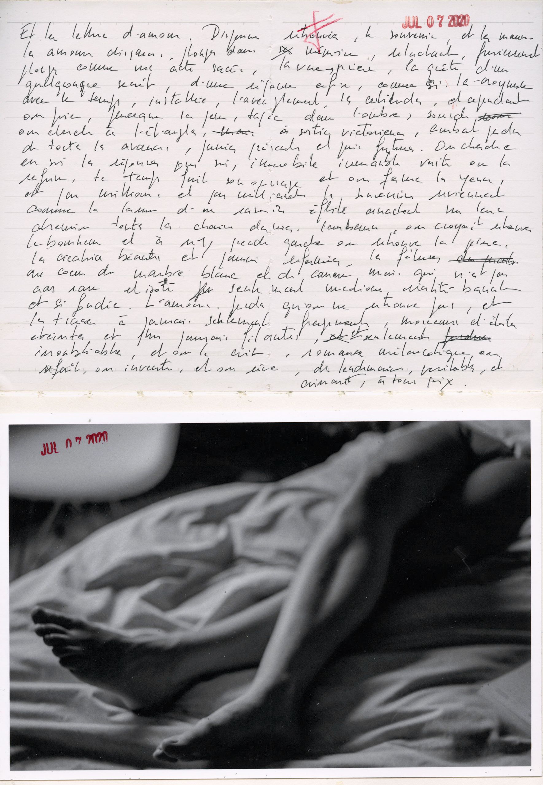 Handwritten French love letter paired with a black and white photograph of a person resting on white bedsheets.