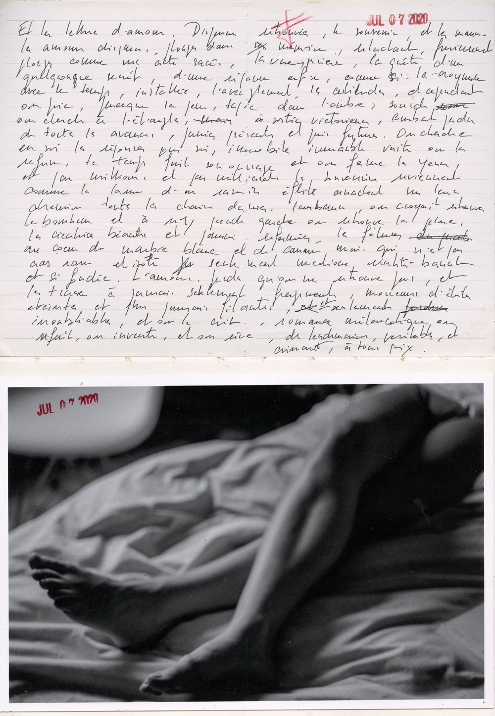 Handwritten French love letter paired with a black and white photograph of a person resting on white bedsheets.