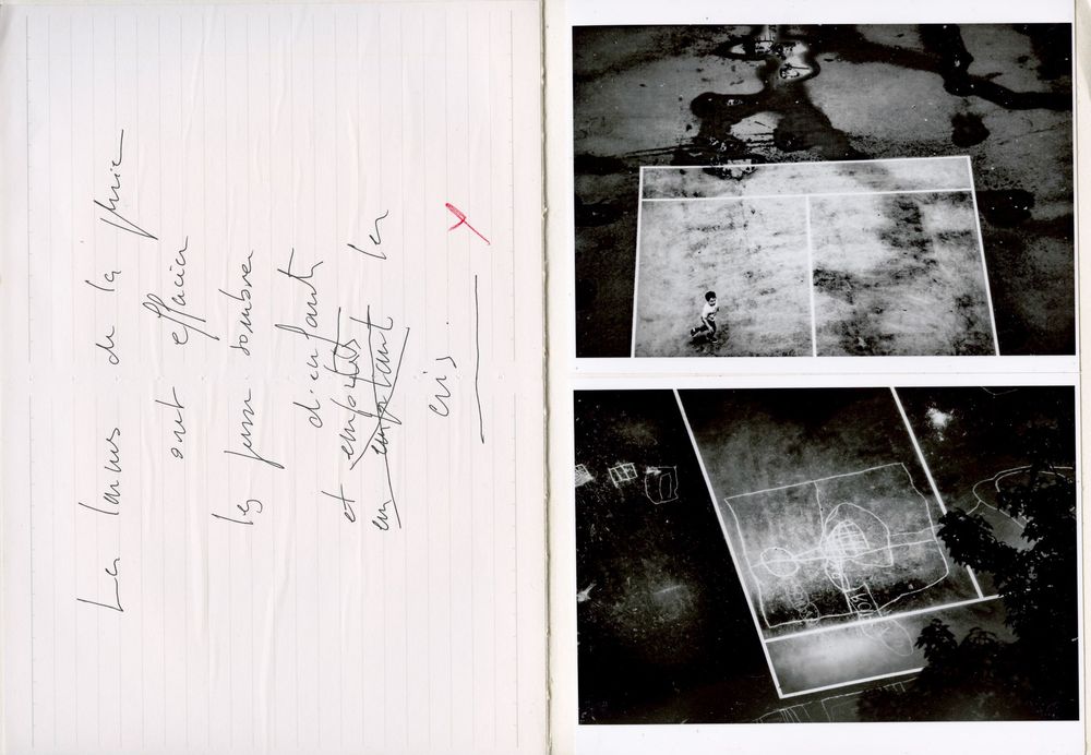 Open book with French handwritten text on left page and two black-and-white photographs on right page.
