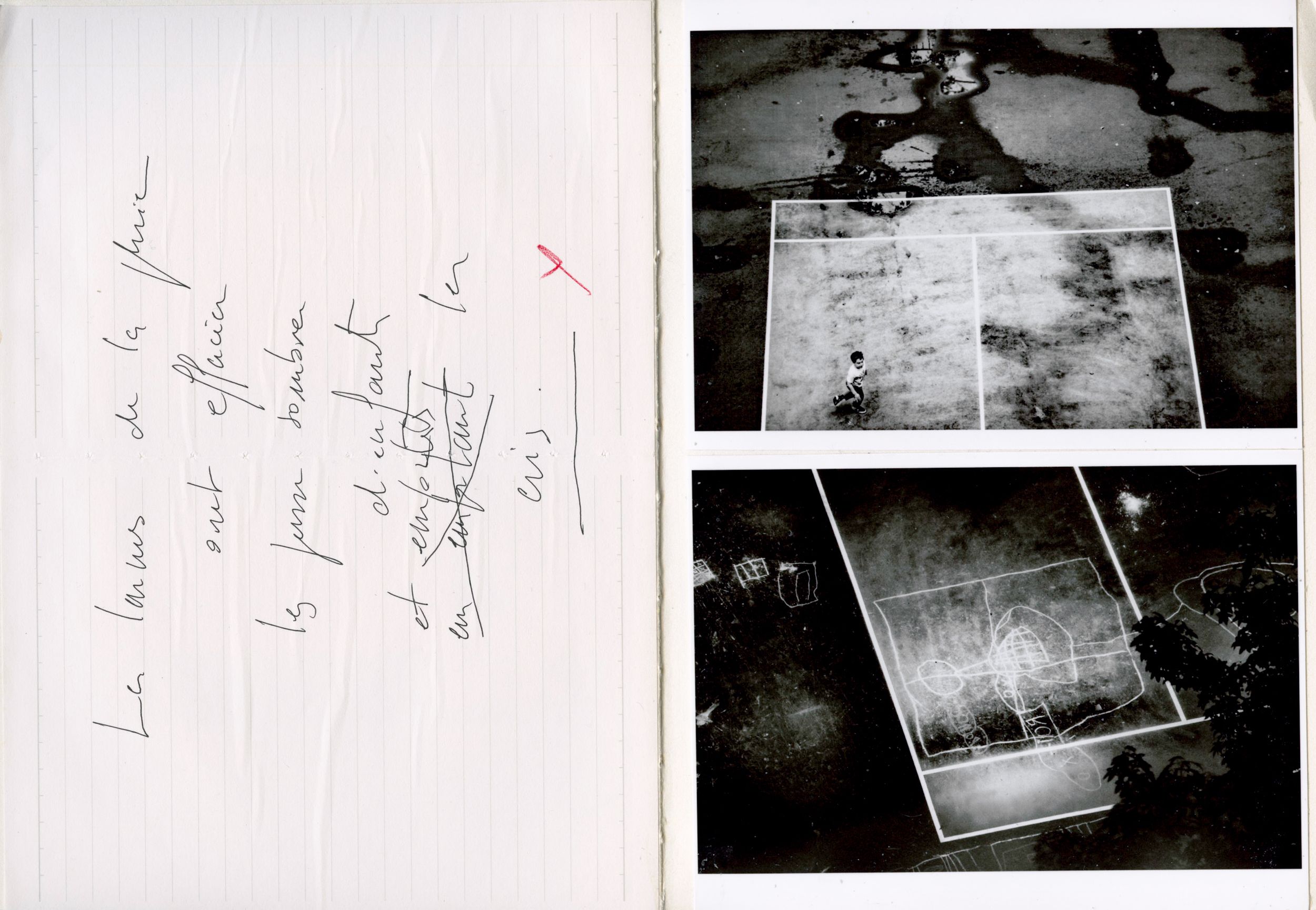 Open book with French handwritten text on left page and two black-and-white photographs on right page.