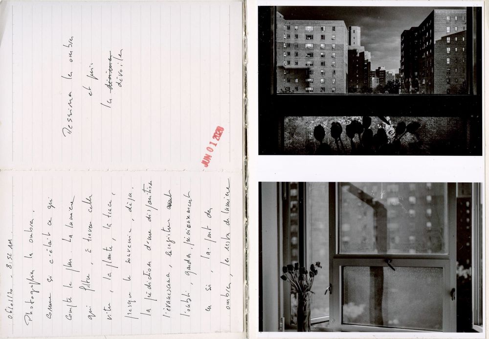 Vintage handwritten letter beside two black-and-white photos of urban buildings and a window with flowers.