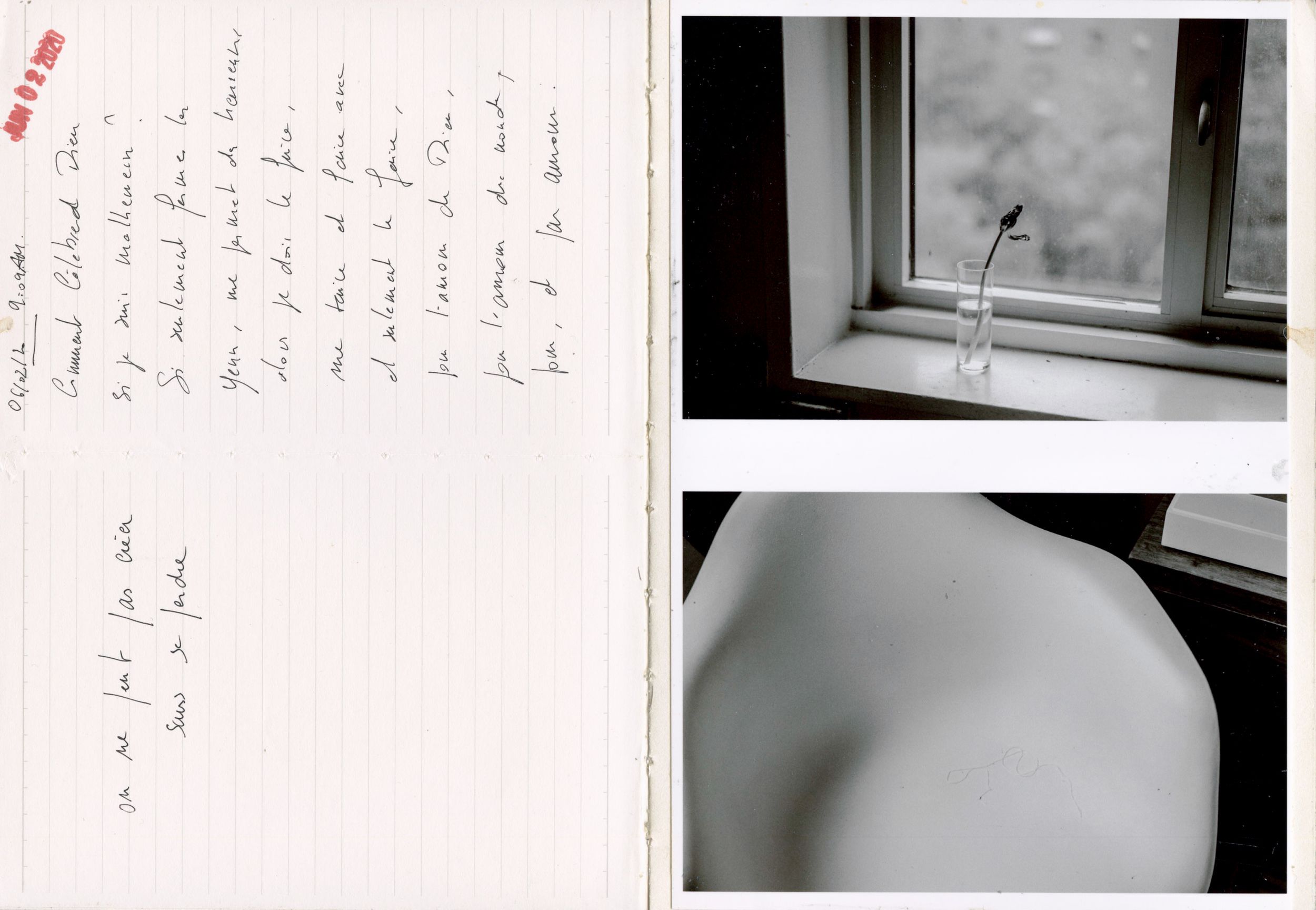 Handwritten letter beside two photos: a flower in a vase on a windowsill and a close-up of a white ceramic sink.