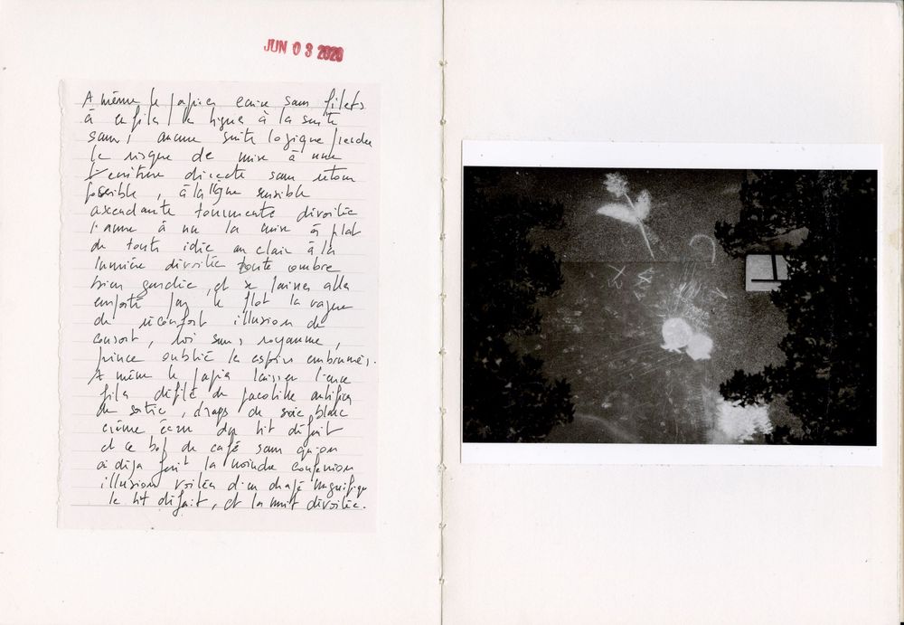 Open book spread showing handwritten French text on left page and dark artistic photograph of trees on right page.