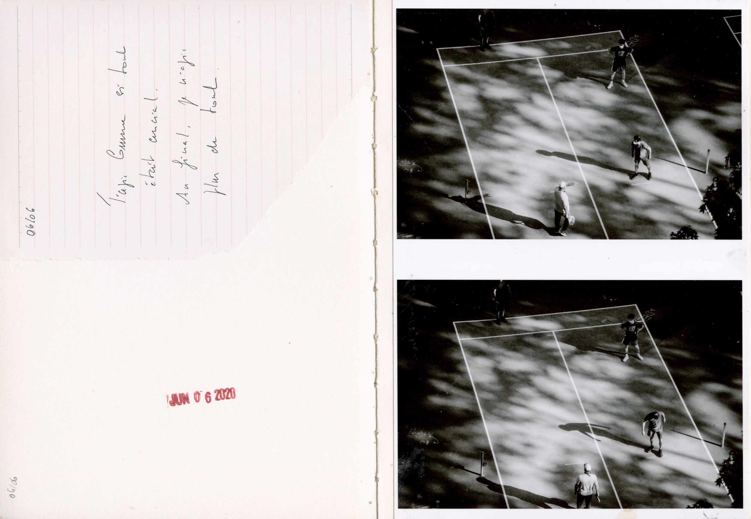 Vintage black and white tennis court photos with handwritten notes on left, dated JAN 17 6 2005.
