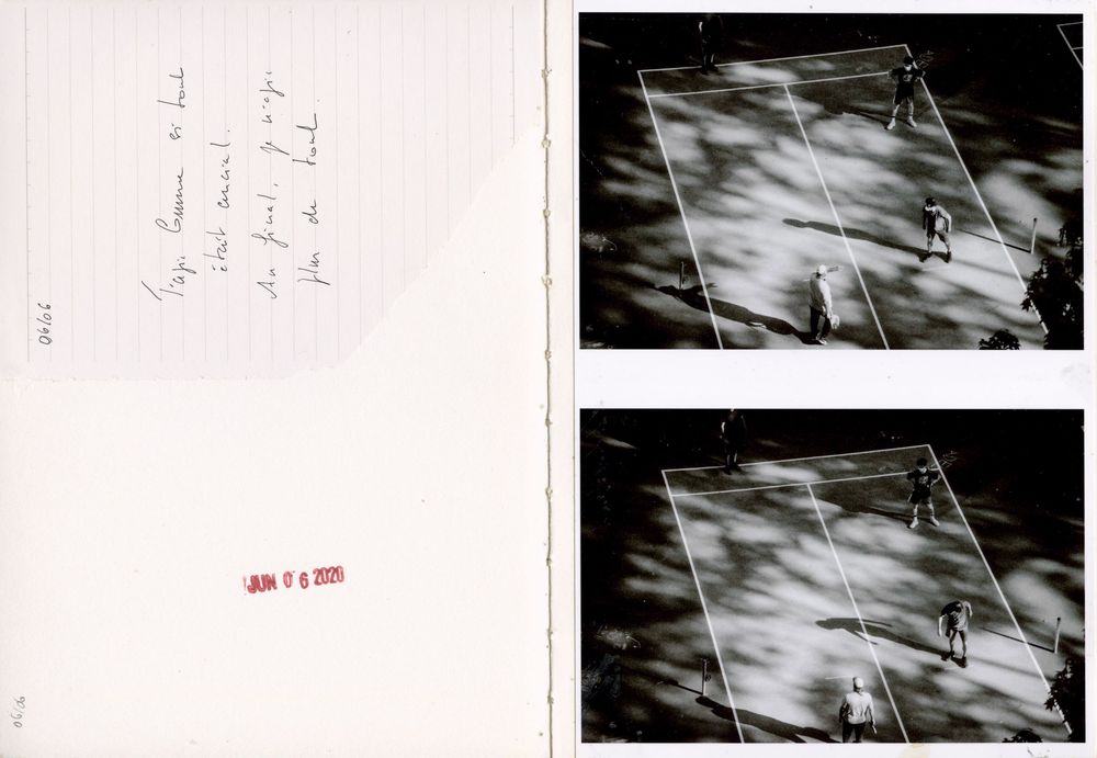 Vintage black and white tennis court photos with handwritten notes on left, dated JAN 17 6 2005.