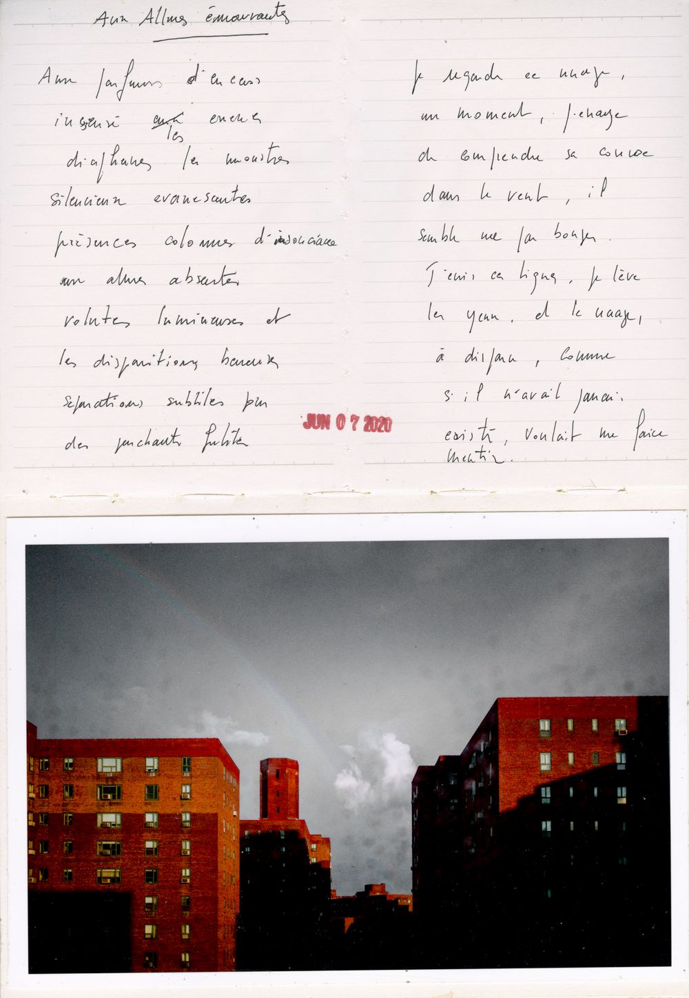 Handwritten French poem above a photo of New York City buildings with a rainbow in cloudy sky.