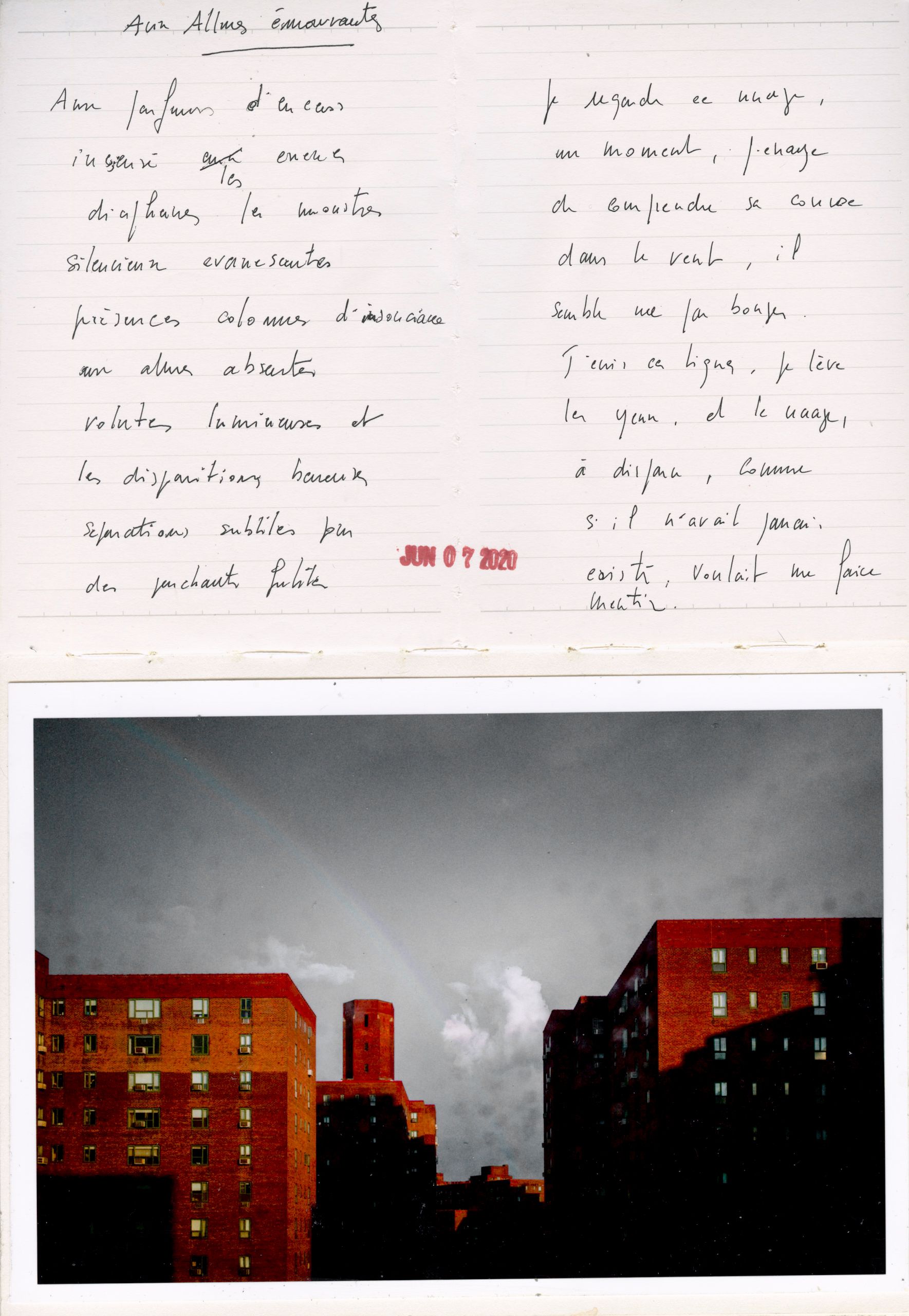 Handwritten French poem above a photo of New York City buildings with a rainbow in cloudy sky.
