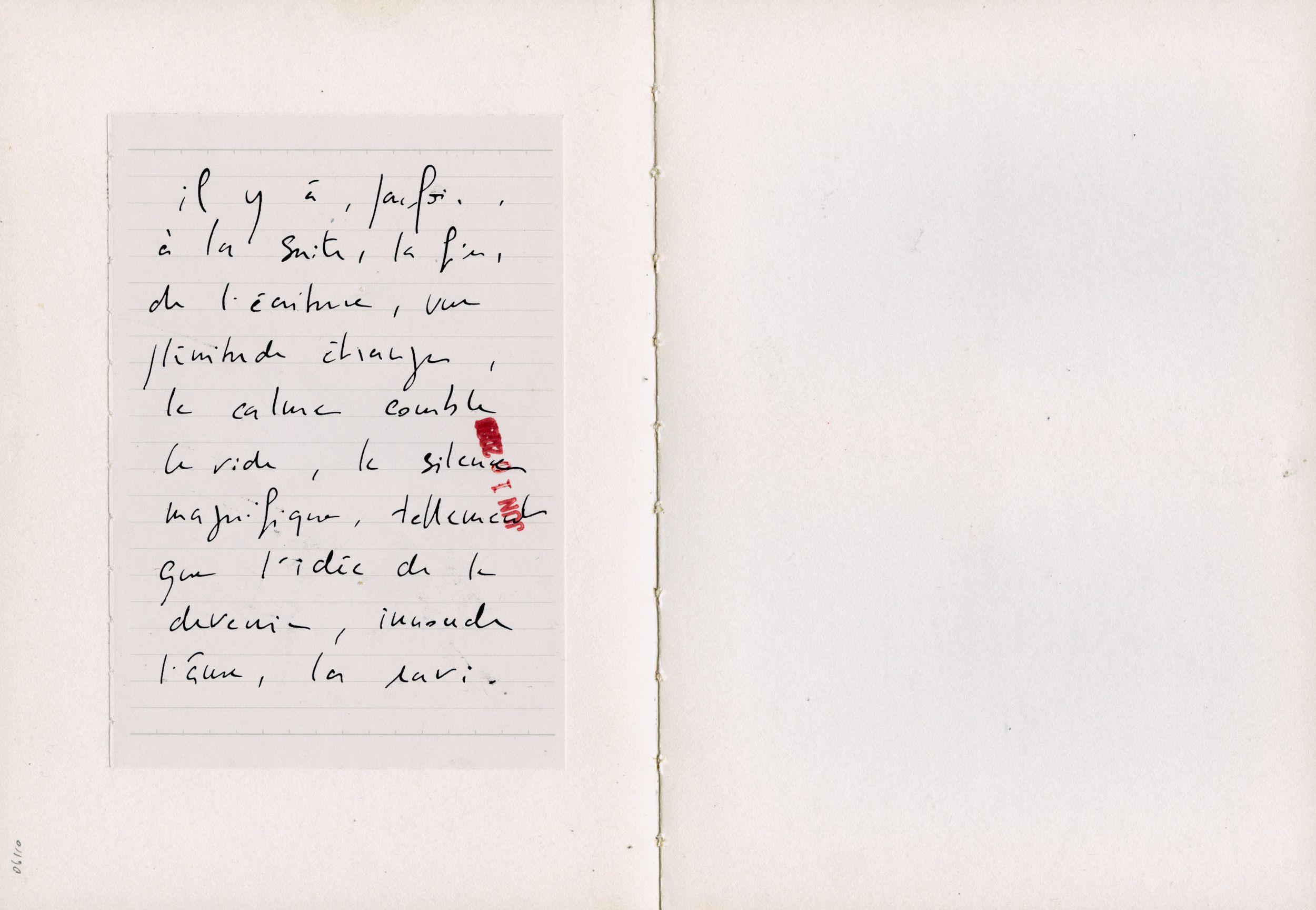 Handwritten French poem on aged paper in black ink with red accent, displayed in an open book layout.