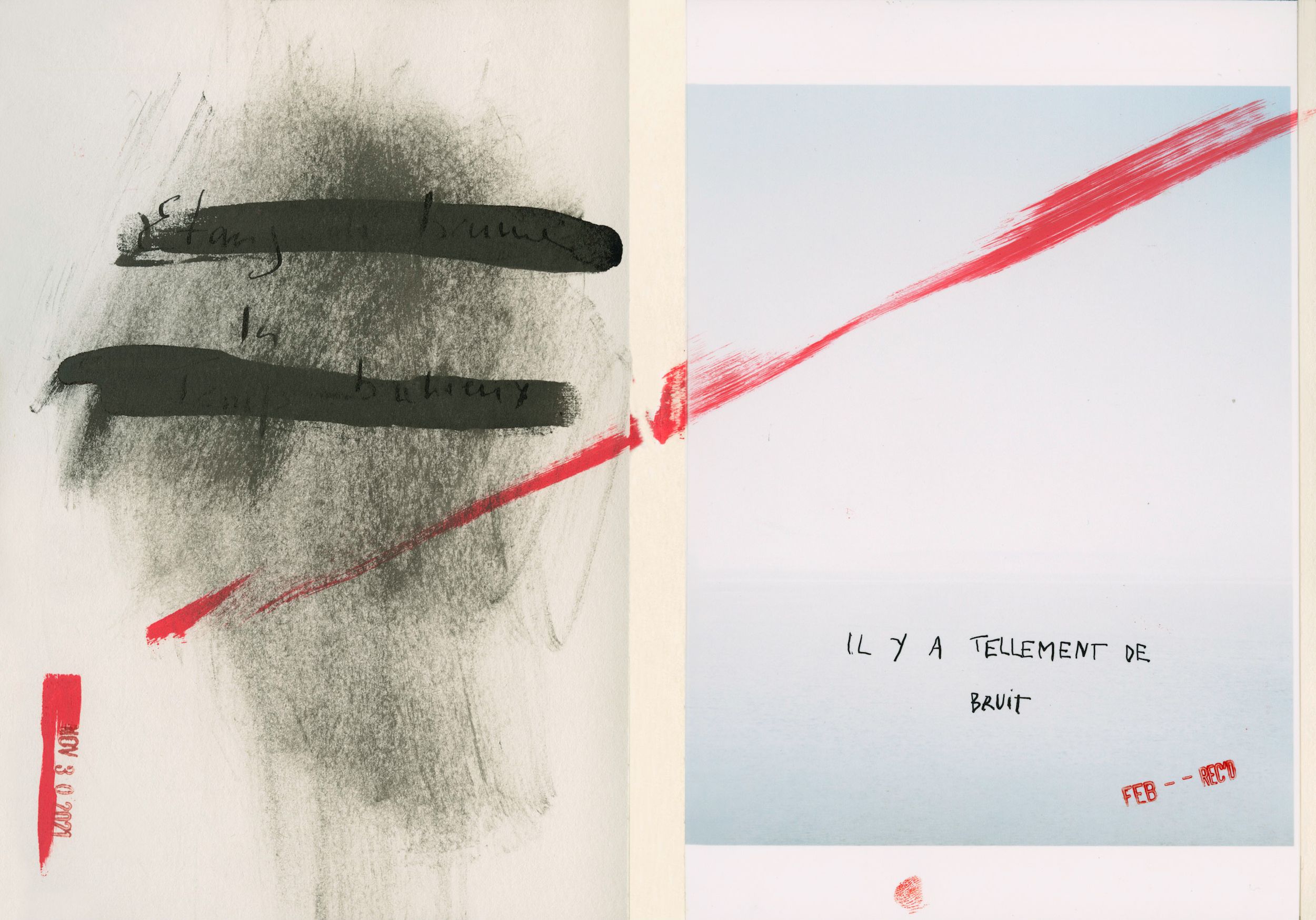 Abstract art diptych with bold black brushstrokes on left and red diagonal line with French text on right.