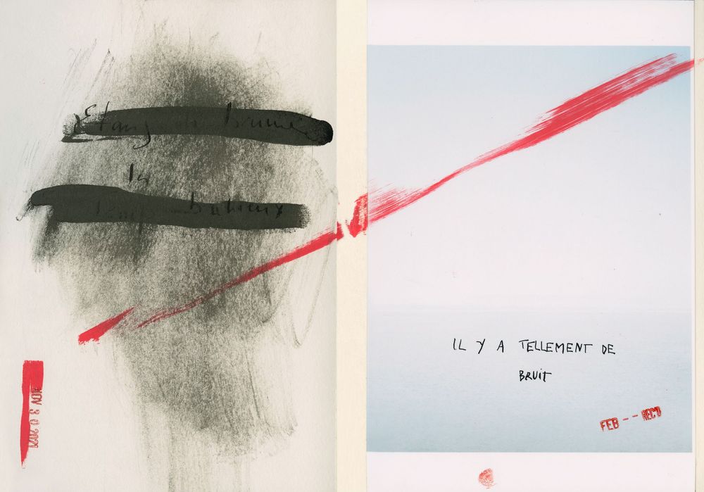 Abstract art diptych with bold black brushstrokes on left and red diagonal line with French text on right.