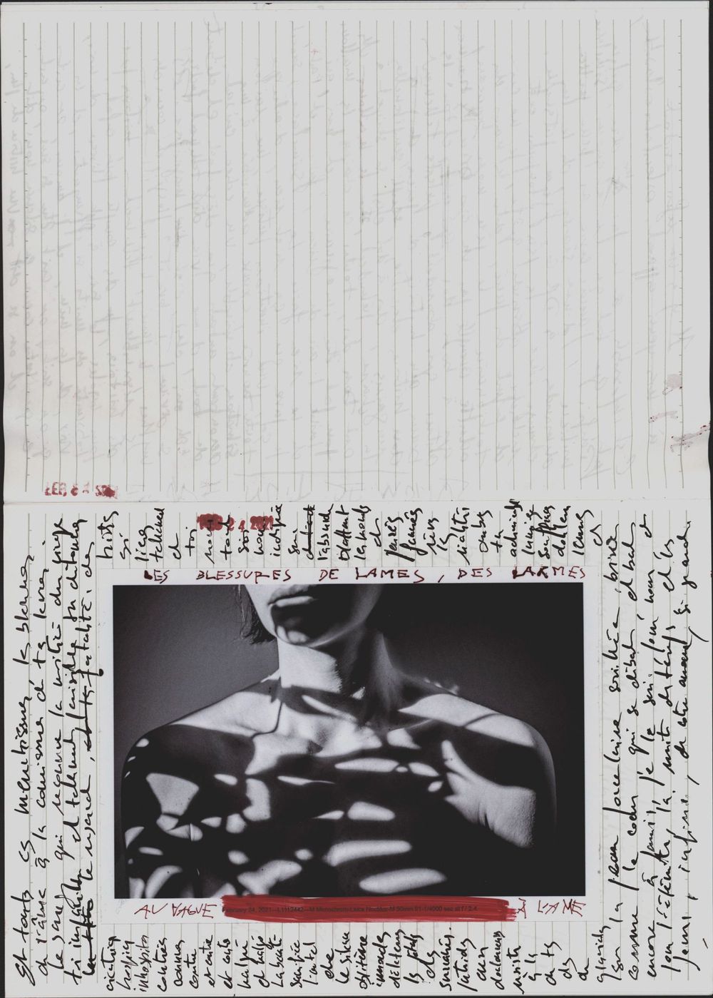 Artistic collage with handwritten French text surrounding a black and white photo of a torso with light patterns.