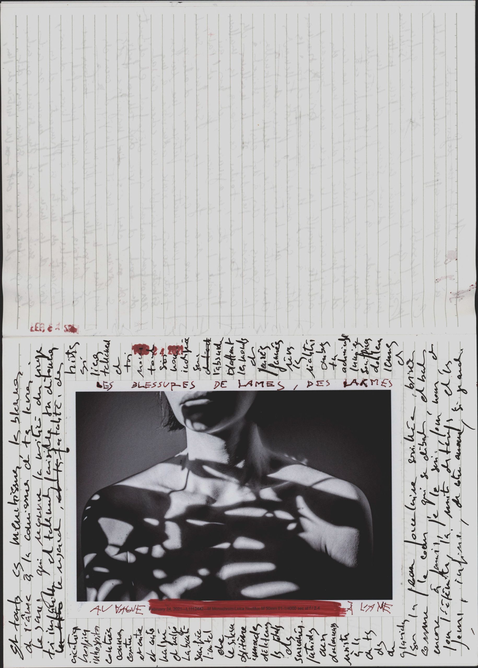 Artistic collage with handwritten French text surrounding a black and white photo of a torso with light patterns.