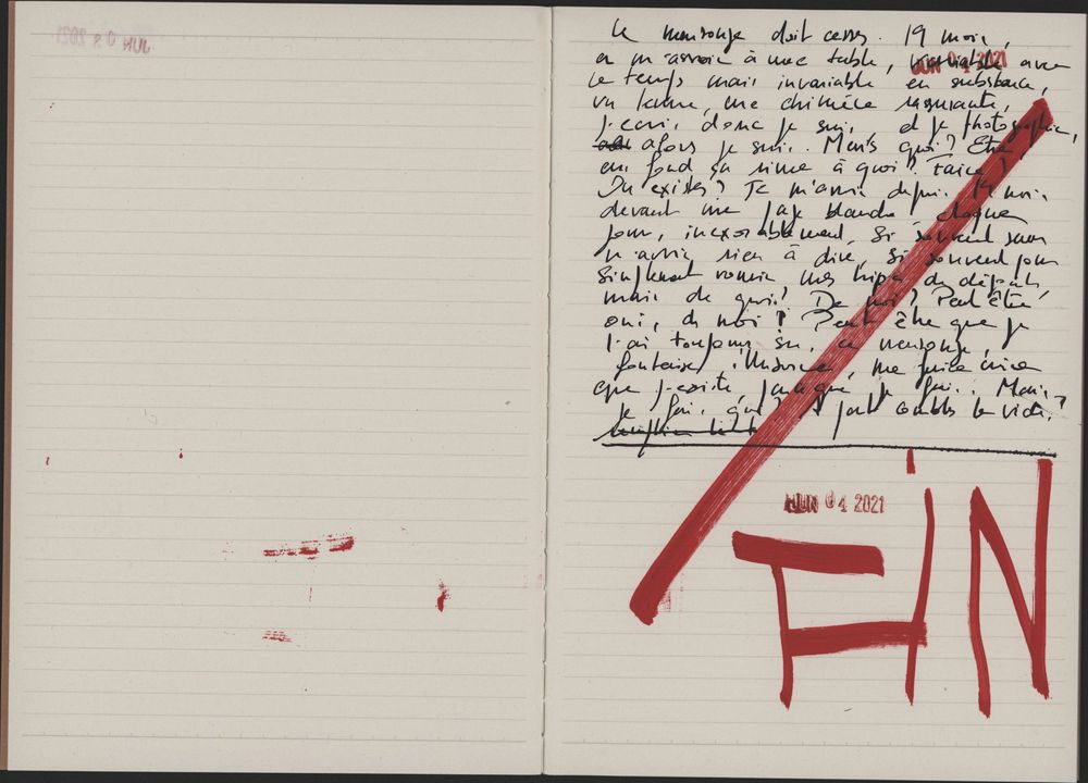 Handwritten journal entry in French with red ink markings and the word FIN written boldly at the bottom of the page.