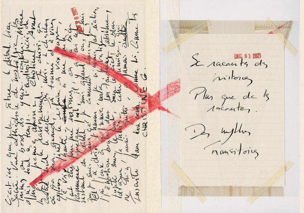 Vintage handwritten French letter with red ribbon decoration and cursive script notes.