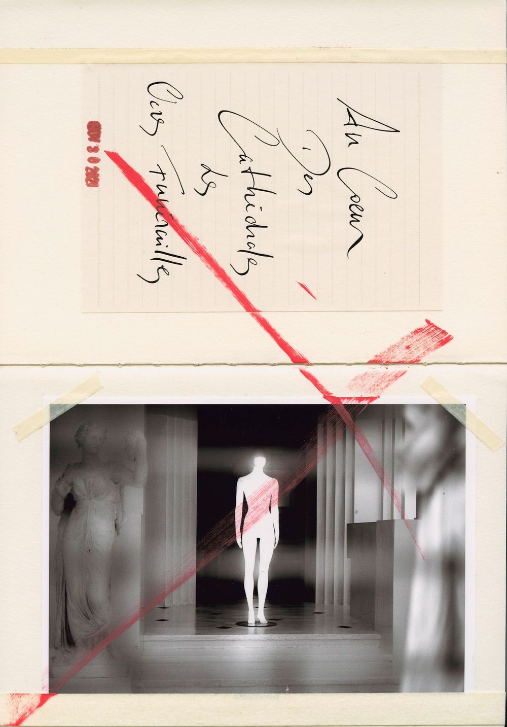 A fashion photograph of a mannequin in pink garment among classical columns, with handwritten text and red tape overlay.