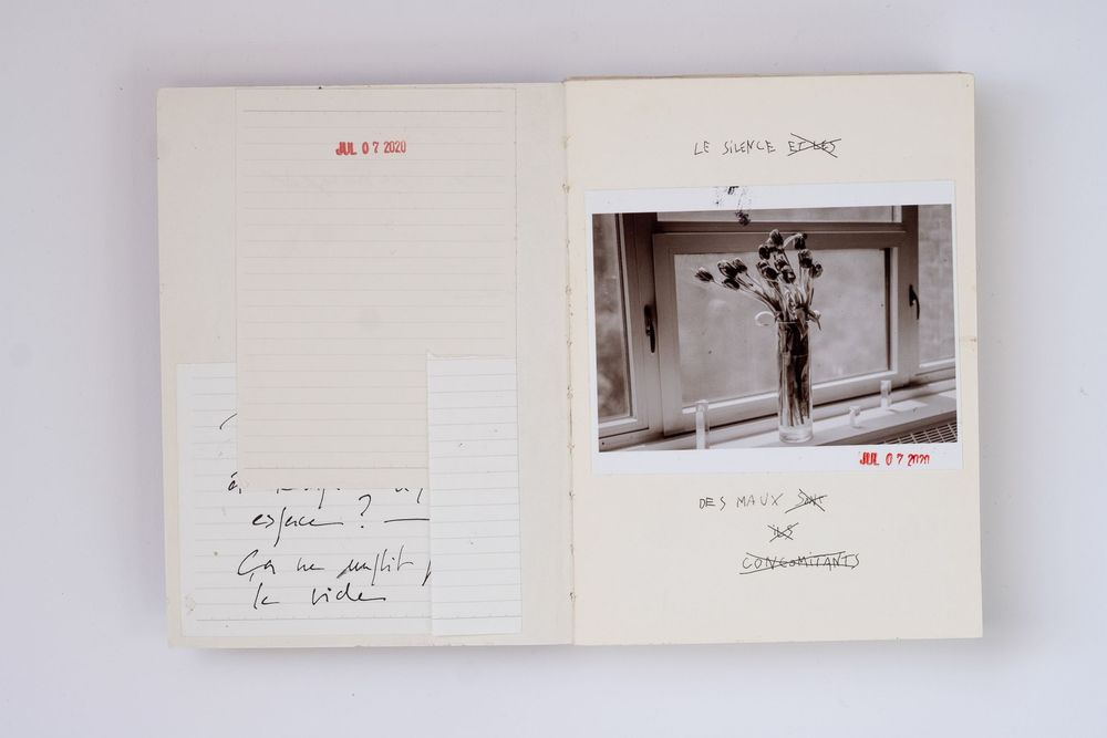 Open diary with handwritten notes and a black-and-white photo of flowers in a vase on a windowsill.